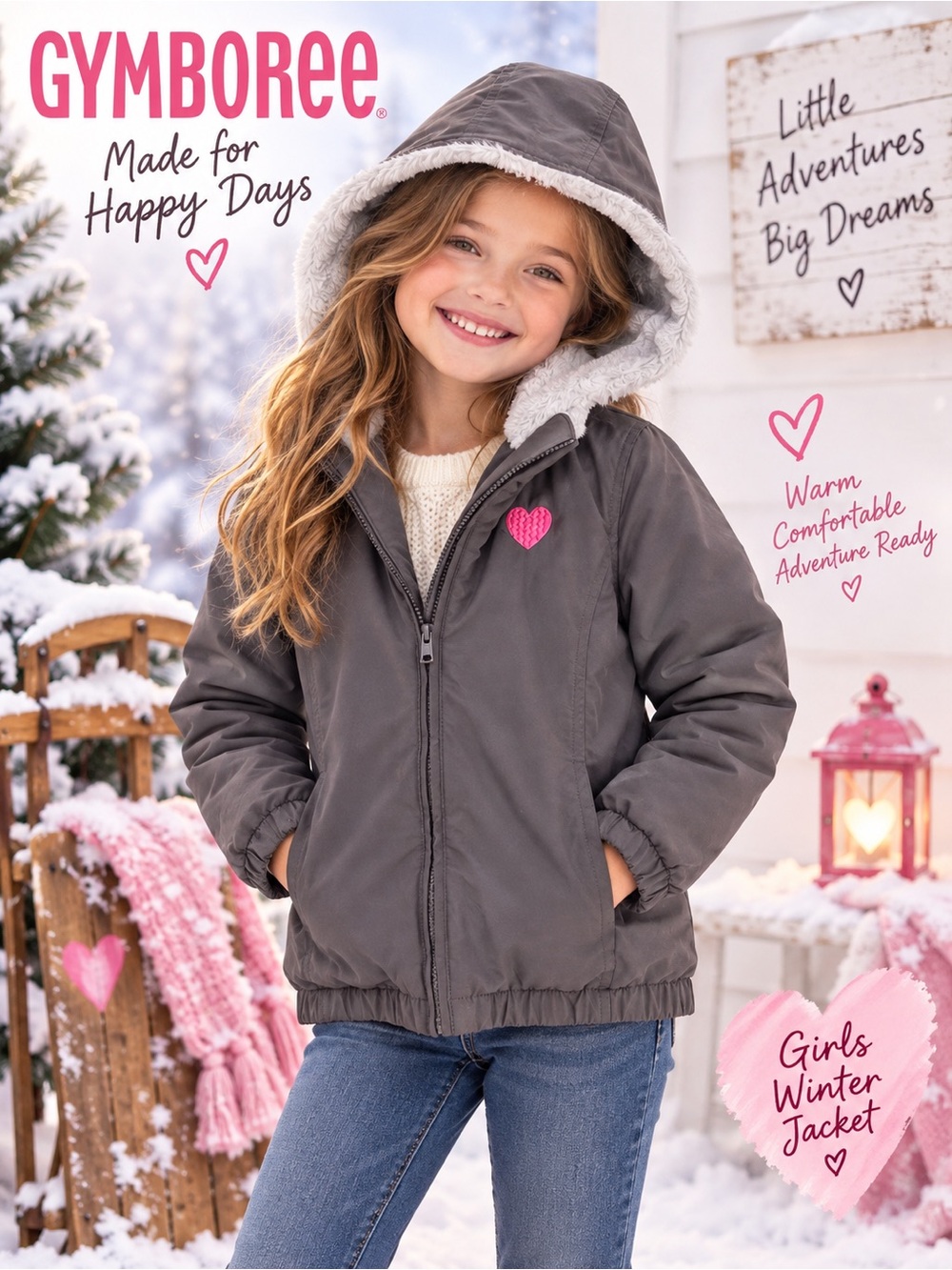 Gymboree Girls Winter Jacket XL 14 Gray Hooded Sherpa Lined NWT